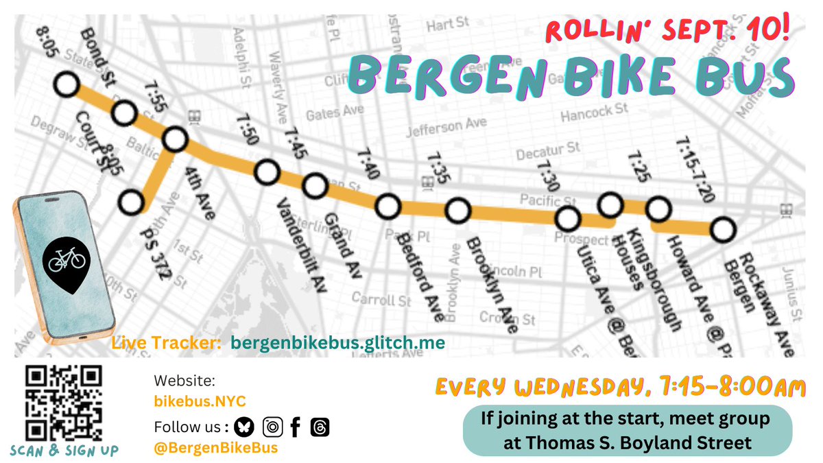 BergenBikeBus's tweet photo. Hi y'all! We're less than 2 weeks away from the first Bergen Bike Bus of the school year (Wednesday, September 10th) &amp; we're so excited to start our weekly rides together! ✨🚲 

For details, questions, or to sign up, scan the QR code. https://t.co/ZGjYrOkp9O