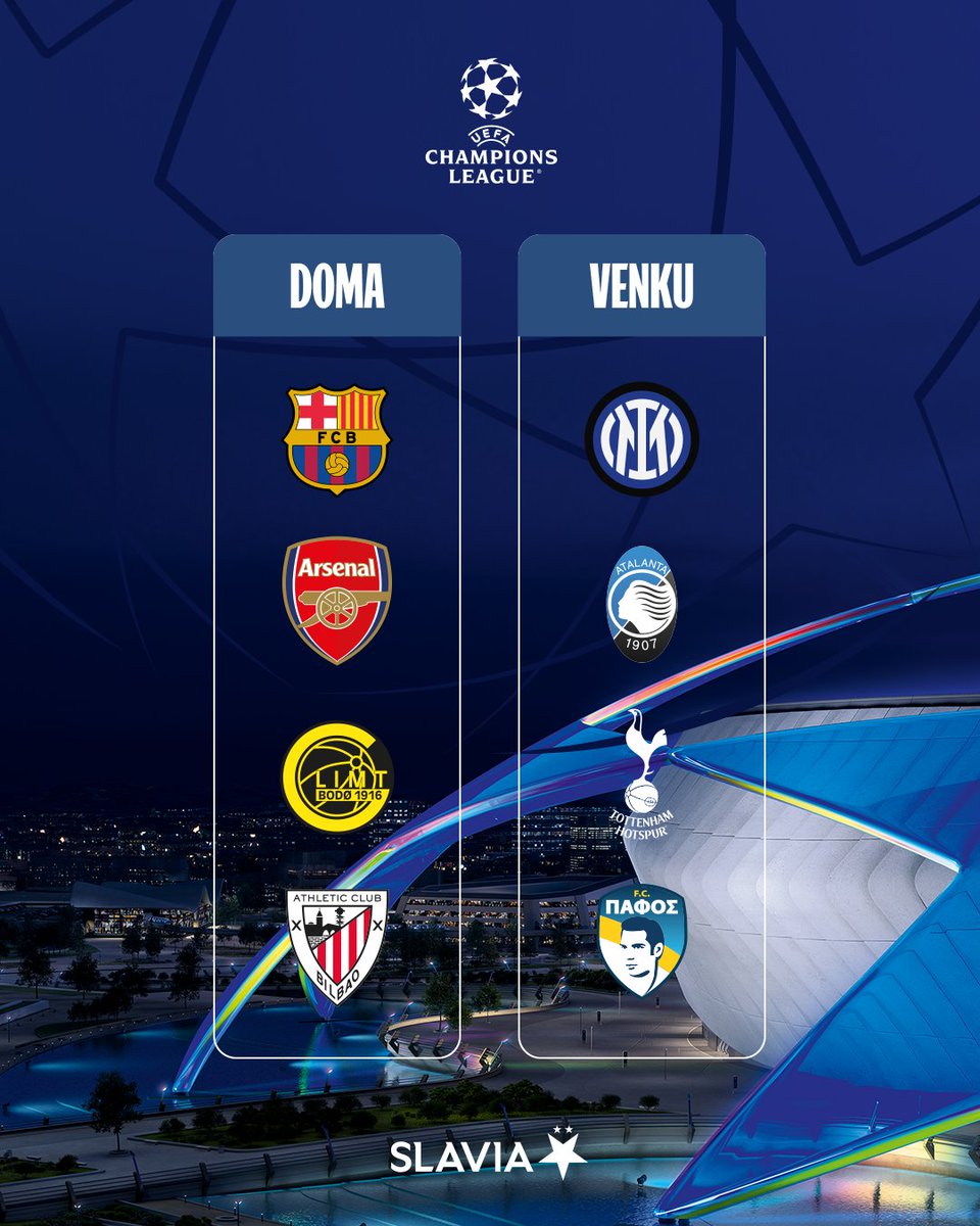 🏆 NAŠI SOUPEŘI V #UCL

🇪🇸 Barcelona (doma)
🇮🇹 Inter (venku)
🏴󠁧󠁢󠁥󠁮󠁧󠁿 Arsenal (doma)
🇮🇹 Atalanta (venku)
🇳🇴 Bodø/Glimt (doma)
🏴󠁧󠁢󠁥󠁮󠁧󠁿 Tottenham (venku)
✌️ Athletic Club (doma)
🇨🇾 Pafos (venku)

ℹ️ Přesné termíny a hrací časy budeme znát v sobotu. Informace o předprodeji lístků zveřejníme