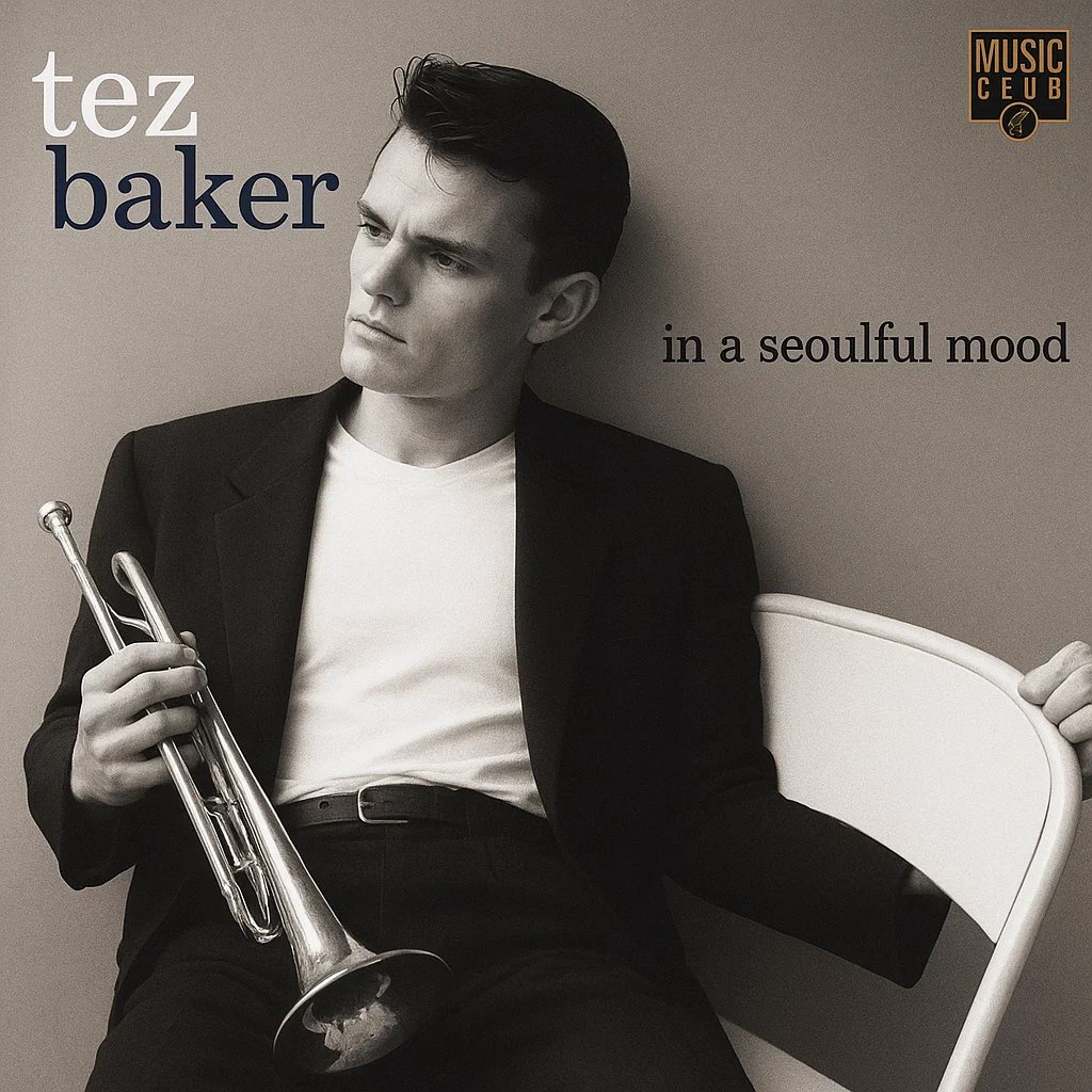 tez baker, in a seoulful mood - a humorous album cover combining classic Chet Baker album cover style with Tezos "baker" and the Seoul protocol upgrade language.