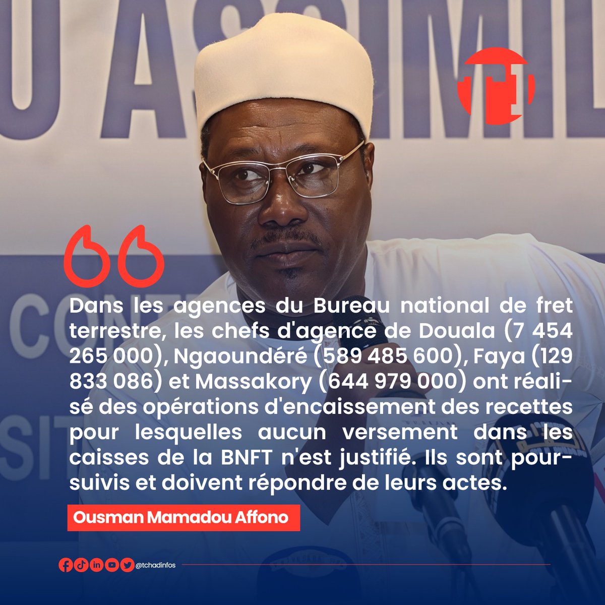 tchadinfos's tweet photo. Dans le cadre de sa mission, l'Agence indépendante de lutte contre la corruption (#AILC), a découvert des anomalies dans la gestion de plusieurs agences du Bureau national de fret terrestre (#BNFT). #Tchad 🇹🇩 https://t.co/0bD6Fl1G7Y