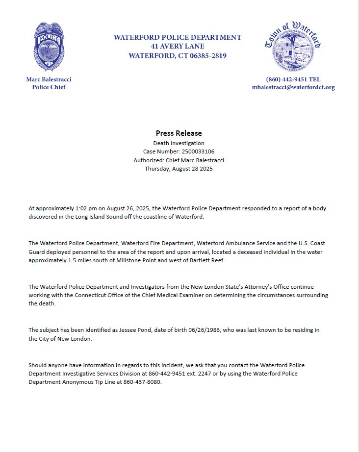 Updated Press Release in regards to the subject recovered from the water on August 26, 2025.