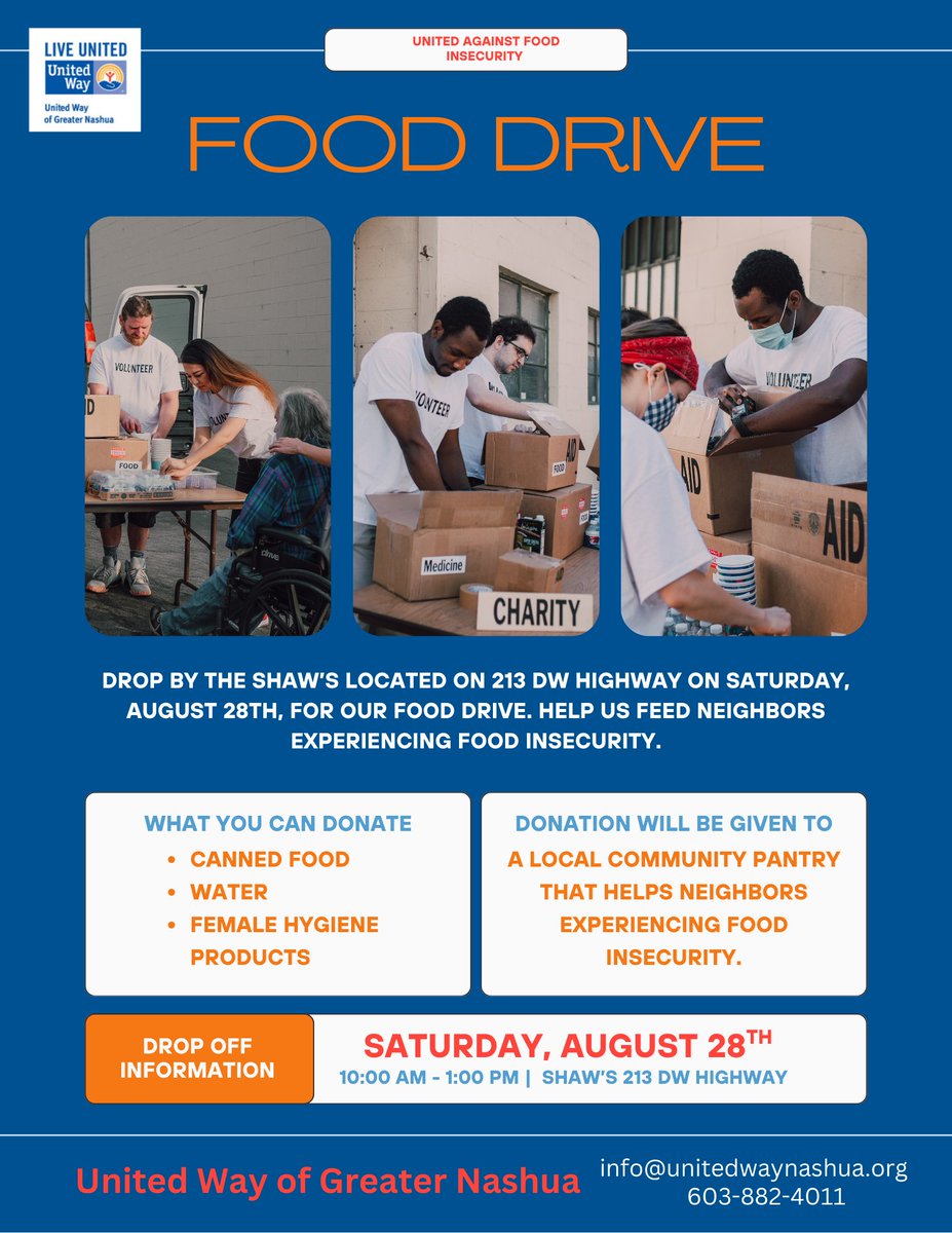 Join us this Sat, Aug 28, 10 AM–1 PM at Shaw’s on 213 DWH for our Food Drive!😀

You can help fight local food insecurity by:
🍠 Volunteering — sign up here:
volunteergreaternashua.org/need/detail/?n…
🍞 Donating 
🥫 Sharing this post

Together, we’ll support our neighbors through these
tough times