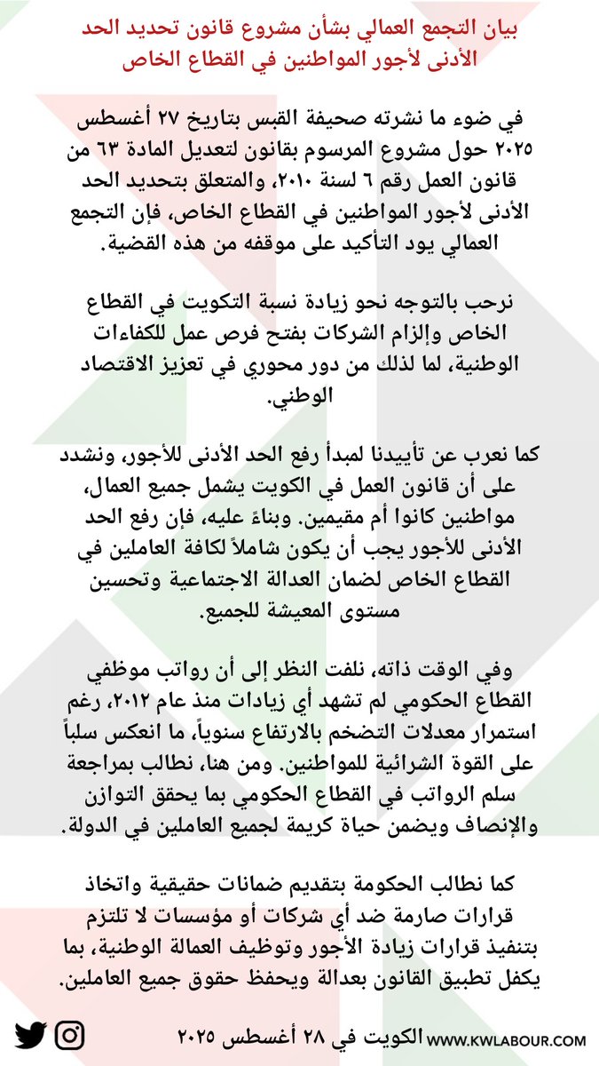 KwLabour's tweet image. بيان التجمع العمالي بشأن مشروع قانون تحديد الحد الأدنى لأجور المواطنين في القطاع الخاص

#الكويت
#العمالة_الوطنية 
#القطاع_الخاص
