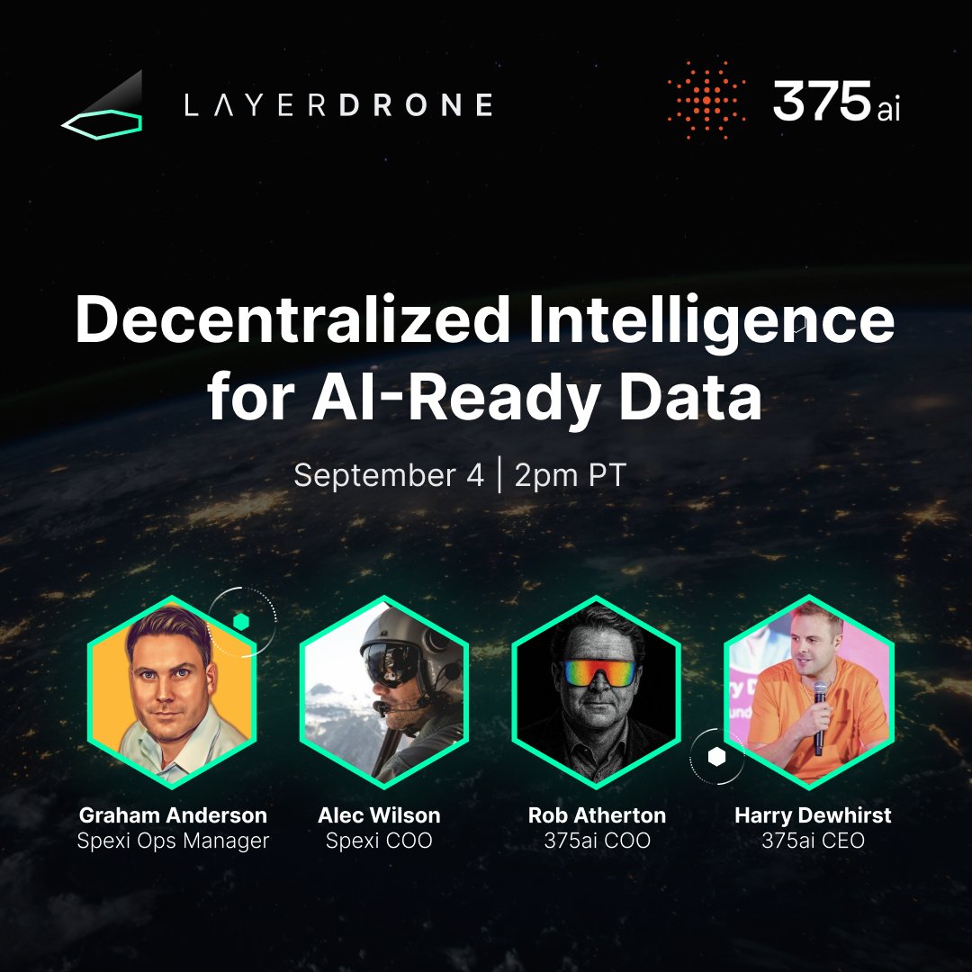 Ground-level edge data meets sky-level drone imagery.

Next week, we host <a href="/375ai_/">375ai</a> and the <a href="/SpexiGeospatial/">Spexi</a> team on X Spaces to dive into how DePIN-powered data collection is fueling the next AI wave.

📅 Thursday, September 4 
⏰ 2pm Pacific Time

Save the date! Link below👇