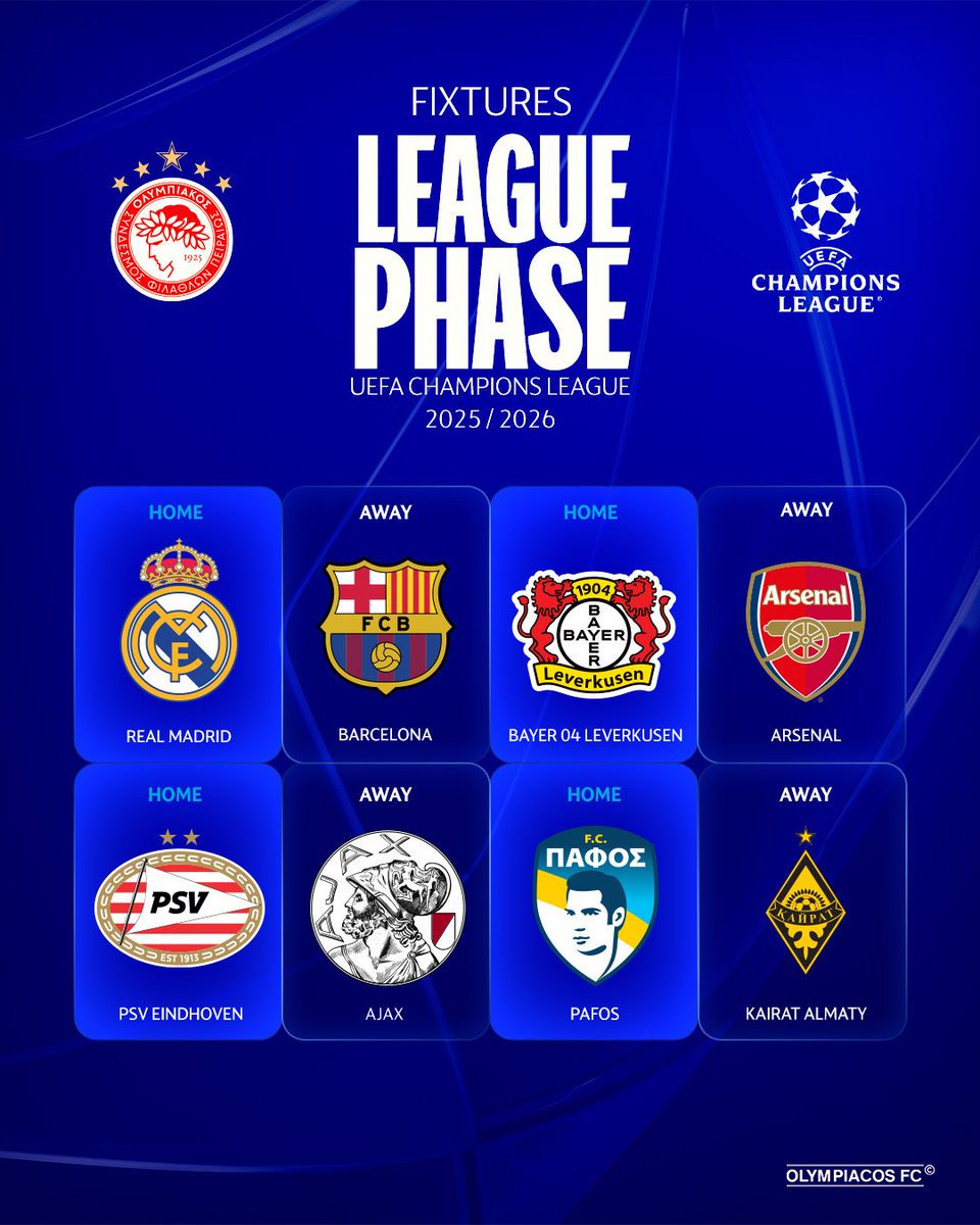 Οι αγώνες μας στη League Phase του UEFA Champions League! / <a href="/ChampionsLeague/">UEFA Champions League</a>: Our League Phase Fixtures!
 
#OlympiacosFC #UCL #UCLdraw