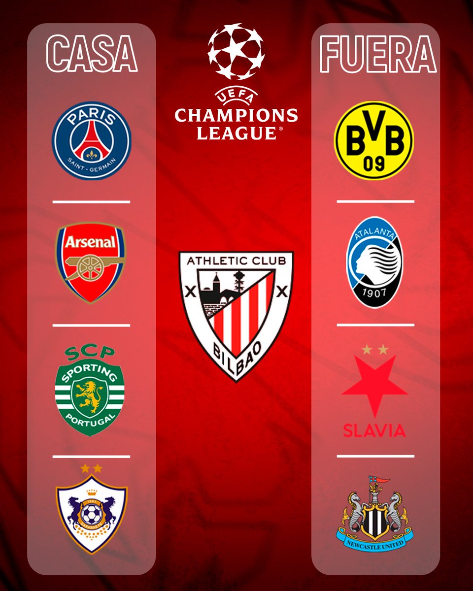 Athletic Club (@athleticclub) on Twitter photo 🔝 ¡Ya están confirmados los rivales del Athletic en la Fase de Liga de la <a href="/ChampionsLeague/">UEFA Champions League</a>!
🏠 @PSG_Inside
✈️ <a href="/BVB/">Borussia Dortmund</a>
🏠 <a href="/Arsenal/">Arsenal</a>
✈️ <a href="/Atalanta_BC/">Atalanta B.C.</a>
🏠 <a href="/SportingCP/">Sporting CP</a>
✈️ <a href="/slaviaofficial/">SK Slavia Praha</a>
🏠 <a href="/FKQarabagh/">Qarabağ FK</a>
✈️ <a href="/NUFC/">Newcastle United</a>
🗓️ Este sábado se conocerá el orden de los partidos, fechas y horarios. 🔝 ¡Ya están confirmados los rivales del Athletic en la Fase de Liga de la <a href="/ChampionsLeague/">UEFA Champions League</a>!
🏠 @PSG_Inside
✈️ <a href="/BVB/">Borussia Dortmund</a>
🏠 <a href="/Arsenal/">Arsenal</a>
✈️ <a href="/Atalanta_BC/">Atalanta B.C.</a>
🏠 <a href="/SportingCP/">Sporting CP</a>
✈️ <a href="/slaviaofficial/">SK Slavia Praha</a>
🏠 <a href="/FKQarabagh/">Qarabağ FK</a>
✈️ <a href="/NUFC/">Newcastle United</a>
🗓️ Este sábado se conocerá el orden de los partidos, fechas y horarios.