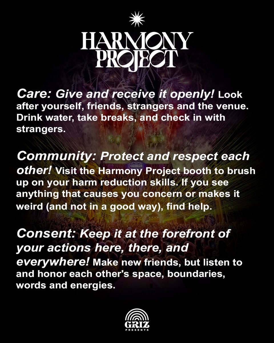grizpresents's tweet photo. Interested in creating safer spaces at GRiZ shows? The Harmony Project is looking for volunteers for Seven Stars Festival! Applications are open now ☮️🫶

https://t.co/WyYRabHyIj https://t.co/kLMhrjlMFQ
