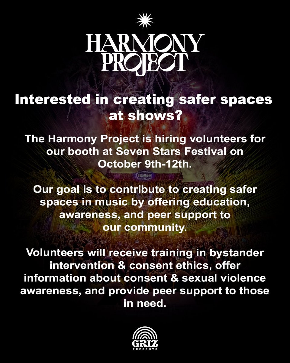 grizpresents's tweet photo. Interested in creating safer spaces at GRiZ shows? The Harmony Project is looking for volunteers for Seven Stars Festival! Applications are open now ☮️🫶

https://t.co/WyYRabHyIj https://t.co/kLMhrjlMFQ