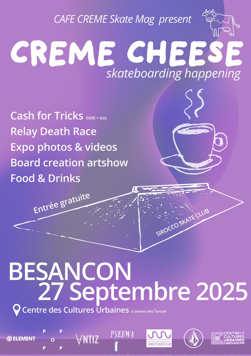 Save the date . 
Cafe Creme present:
CREME CHEESE  skateboarding happening
📅 27th SEPTEMBER 
📍Besançon FR