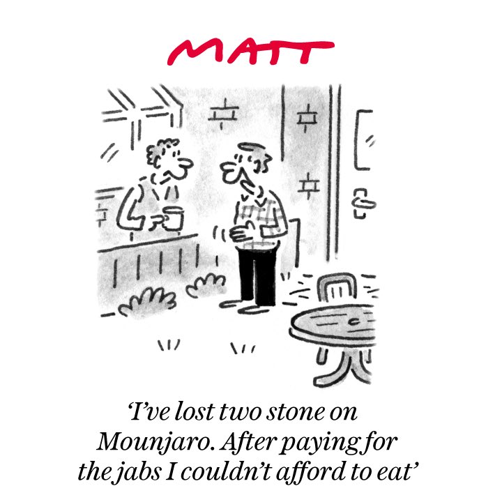 Cartoon4sale's tweet photo. Matt @MattCartoonist @Telegraph on #Mountjaro #SlimmingPill - political cartoon gallery in London https://t.co/dePcTdnXF6 https://t.co/78UssvUxNA