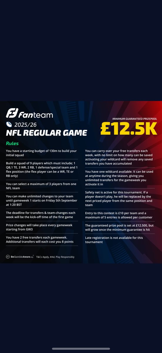 Just set my line up for <a href="/FanTeamOfficial/">FanTeam</a> season long nfl fantasy competition a great addition to the nfl fantasy world 
Sign up with the link below 
Deposit £10 and get a free entry in to the competition plus more!! 
#nfl #DraftKings #fantasyfootball