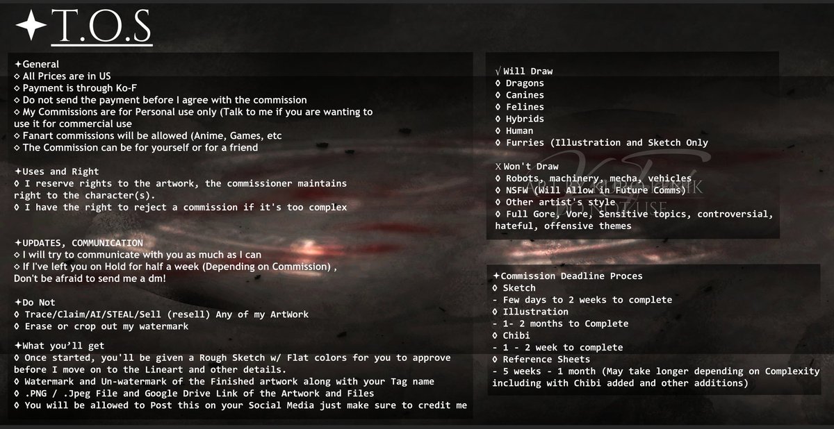 [COMMS OPEN]
Please send me a DM on Discord, twitter or Ko-Fi Before sending payment.

I'll Contact you if there's any delay in delivering your Comm due to having class from Monday - Thursday Mornings.

If you have a specific deadline, please inform me in advance!