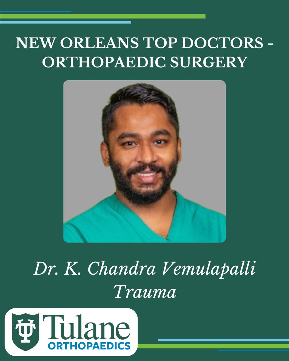 TulaneOrtho's tweet photo. We’re proud to announce Dr. K. Chandra Vemulapalli was selected by Castle Connolly as one of New Orleans’ Top Orthopedic Surgeons! Dr. Vemulapalli specializes in trauma. To book an appt, call 504-988-0100 or visit https://t.co/UBqb5g8rvP.
#topdoctors #tulanedoctors #orthopaedics https://t.co/rgNbNEH04V