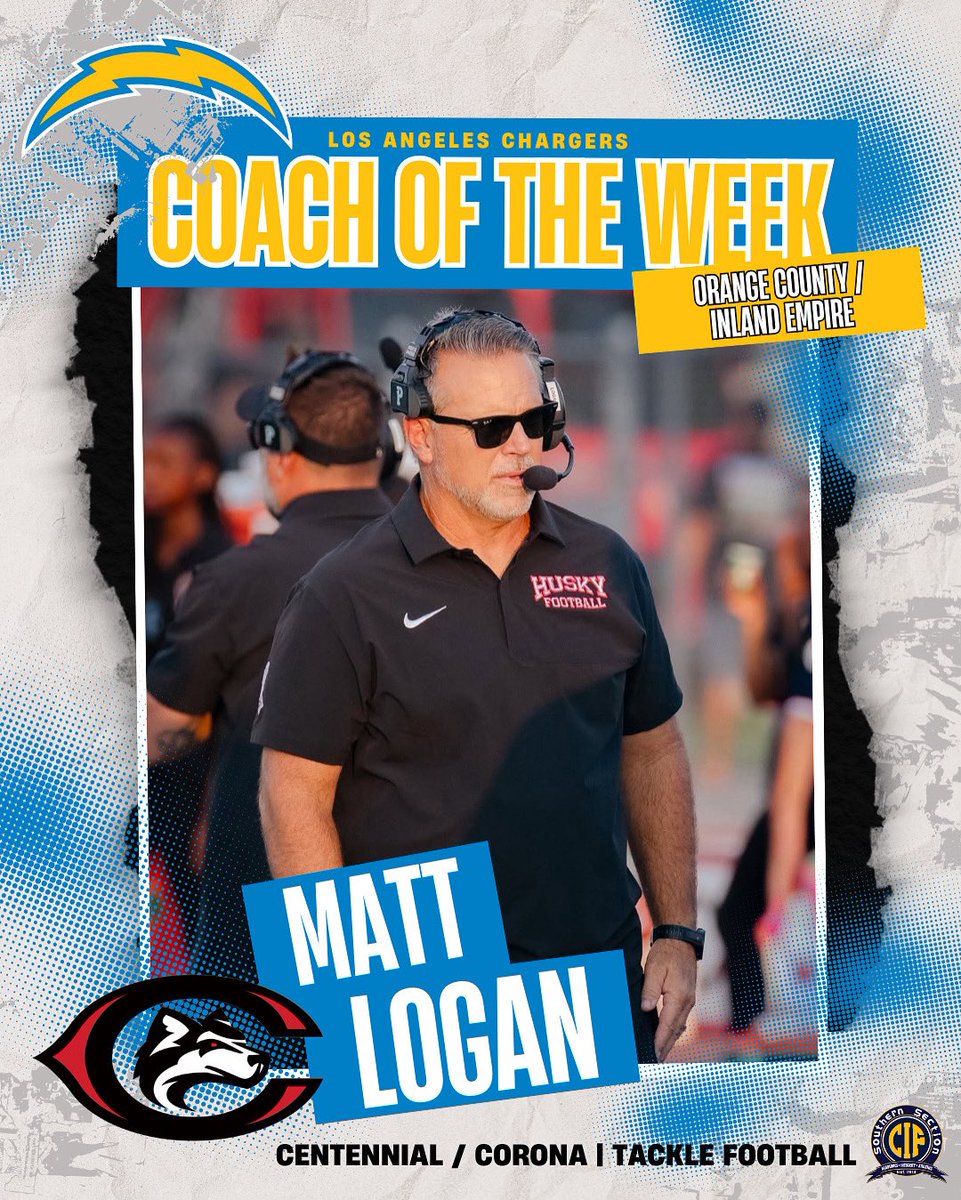 Congratulations to Coach Matt Logan from <a href="/Cen10Football/">Corona Centennial Football</a> for being the Week 0️⃣ <a href="/chargers/">Los Angeles Chargers</a> OC/IE Tackle Football Coach of the Week! ⚡️🏈

#CIFSS #CIFSSFootball #ChargersCOTW #coachoftheweek