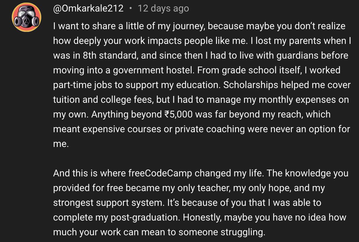 ossia's tweet image. This comment from an orphan in India made my entire week. I'm so proud of the freeCodeCamp community.