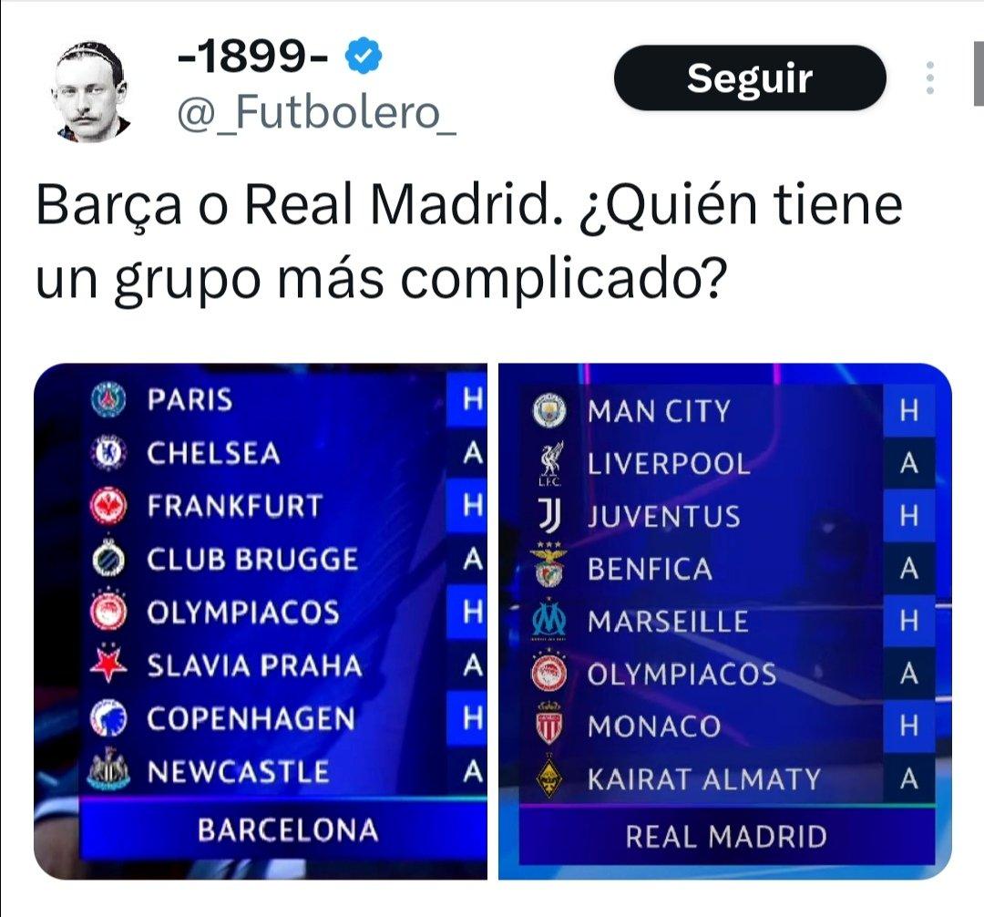 Les ha tocado un grupo que no te firmaría ni la Europa League y este mamarracho se plantea si su grupo es más duro que el nuestro... Luego pasarán segundos de grupo y venderán que ha sido toda una hazaña. Son los reyes del Relato