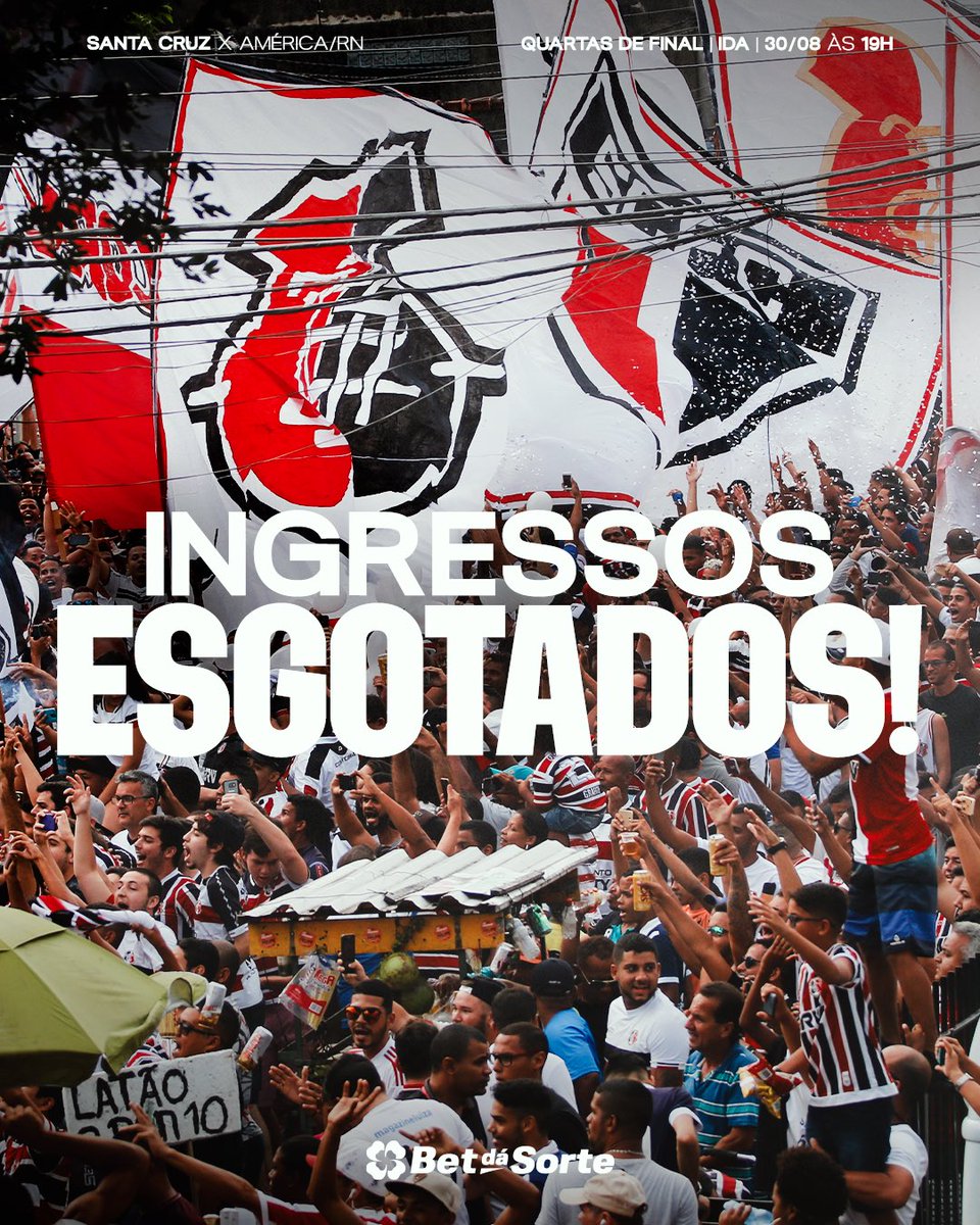 SantaCruzFC's tweet photo. Ingressos para público geral do Santa Cruz esgotados! Restam apenas poucas unidades destinadas a sócios titulares, proprietários de camarote e conselheiros.

À noite soltaremos a parcial atualizada da Nação mais apaixonada do Brasil! 🏟️🔥 https://t.co/N0Zw7rlMG7