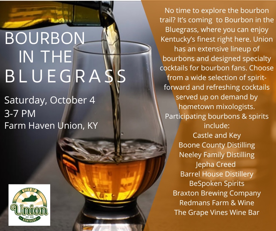 facebook.com/share/16HBnM5i…
4th annual City of Union Bourbon in the Bluegrass event will be Saturday, October 3 from 3-7pm at Farm Haven in Union, KY