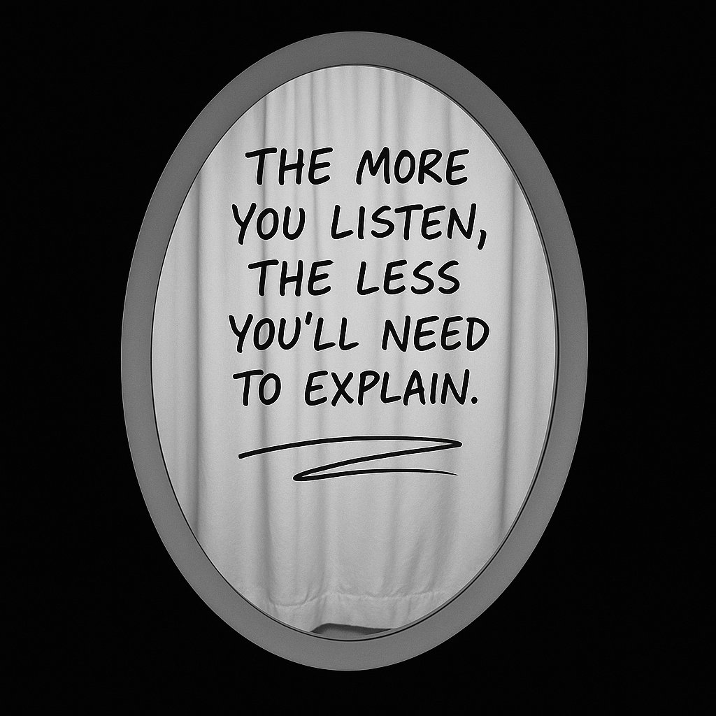 MoffatClay's tweet photo. Mirror Mirror #113  

"The more you listen, the less you’ll need to explain."

Listening reveals more than speaking ever can.  
Listen deeply. 

Move precisely. 
Speak less.  

Explaining fades when clarity leads.  
#themirrortest #claysays #TrustTrap https://t.co/2FjmM9oMtl