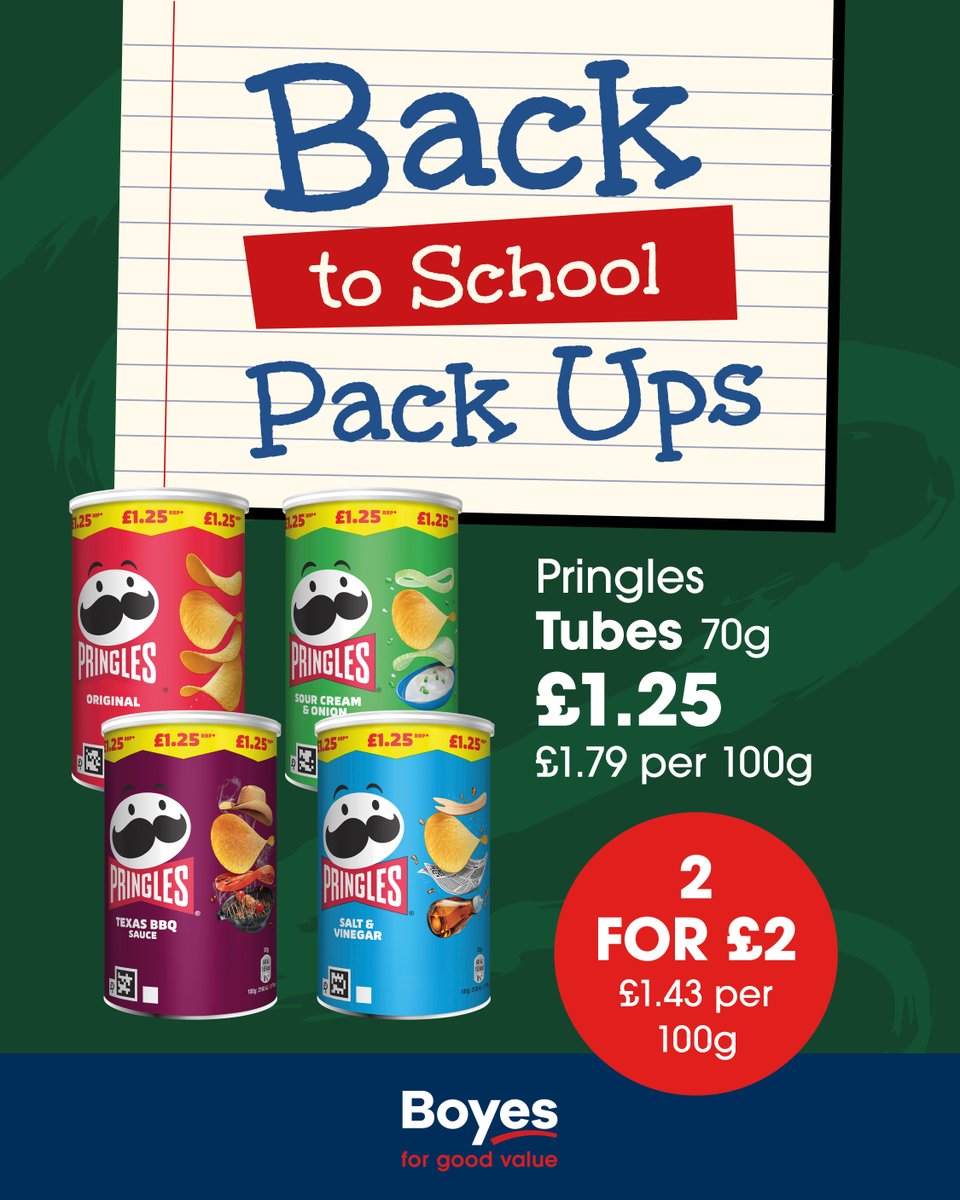 Don’t worry mums and dads… the kids are nearly back at school now 😅

Stock up those lunchboxes with our Back to School Buys – including Pringles 70g tubes for just £1.25, or 2 for £2. Perfect for a crunchy pack-up treat 🙌

📍 Available now at Boyes – while stocks last!