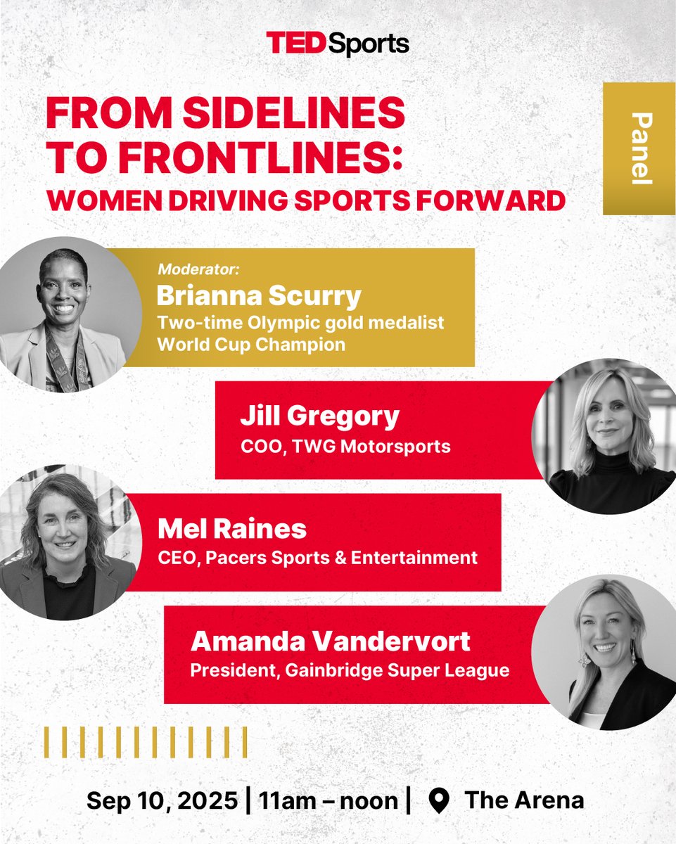 TEDSports Indianapolis (@tedsportsindy) on Twitter photo Presenting: “From Sidelines to Frontlines,” a panel celebrating the women who are leading, shaping, and redefining what’s possible.
🎤 Moderator <a href="/BriScurry/">Briana Scurry</a>, a two-time Olympic gold medalist and World Cup Champion, whose career embodies the very spirit of breaking barriers. Presenting: “From Sidelines to Frontlines,” a panel celebrating the women who are leading, shaping, and redefining what’s possible.
🎤 Moderator <a href="/BriScurry/">Briana Scurry</a>, a two-time Olympic gold medalist and World Cup Champion, whose career embodies the very spirit of breaking barriers.