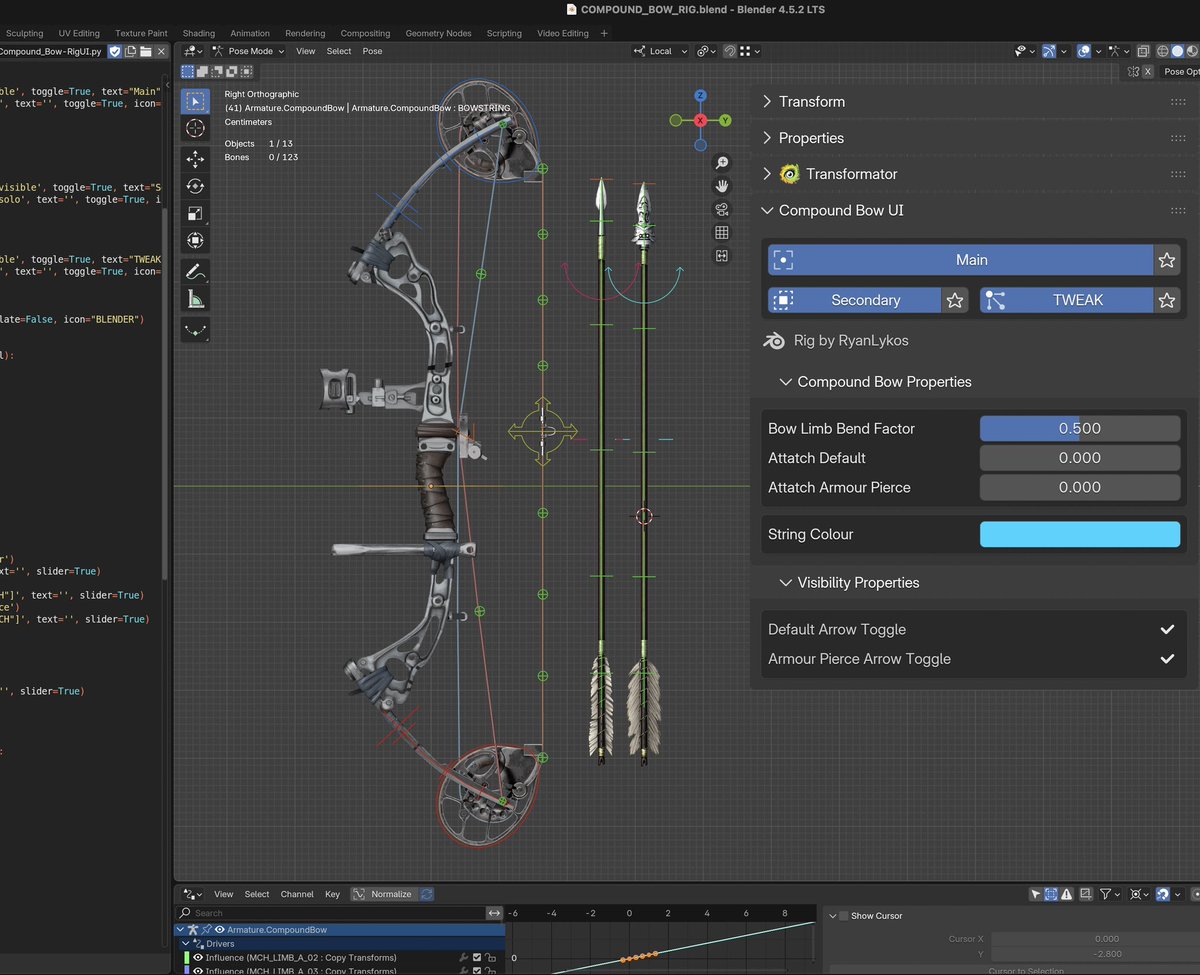 RyanLykos's tweet photo. The compound bow rig is complete! I will create a showcase post on Monday and it'll also be when it gets uploaded to Gumroad

It's gonnna be completely free, but any tips are greatly appreciated and will go toward replacing my Mac with an actual PC😍

#blender #rig #TombRaider https://t.co/fKkZWuKHCz