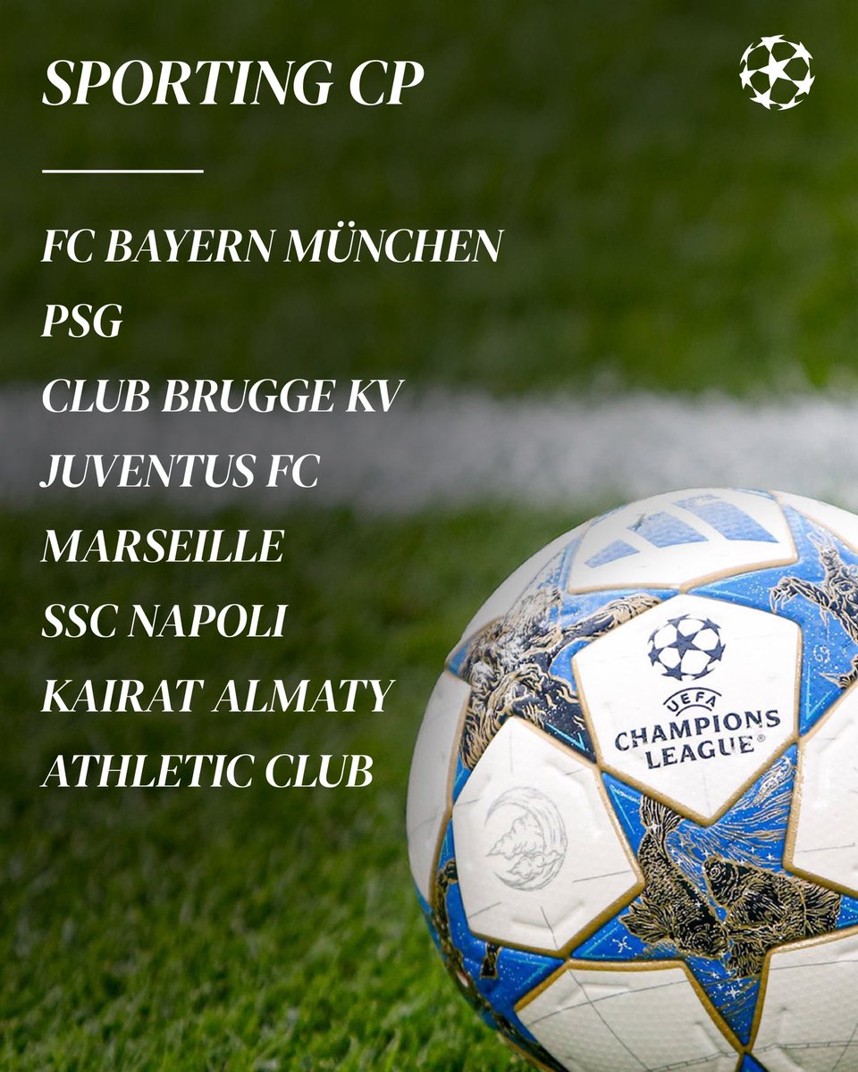 Şampiyonlar ligindeki rakiplerimiz belli oldu

🏠 PSG
✈️ Bayern
🏠 Club Brugge
✈️ Juventus
🏠 Marsilya
✈️ Napoli
🏠 Kairat
✈️ Athletic Club

#UCLDraw