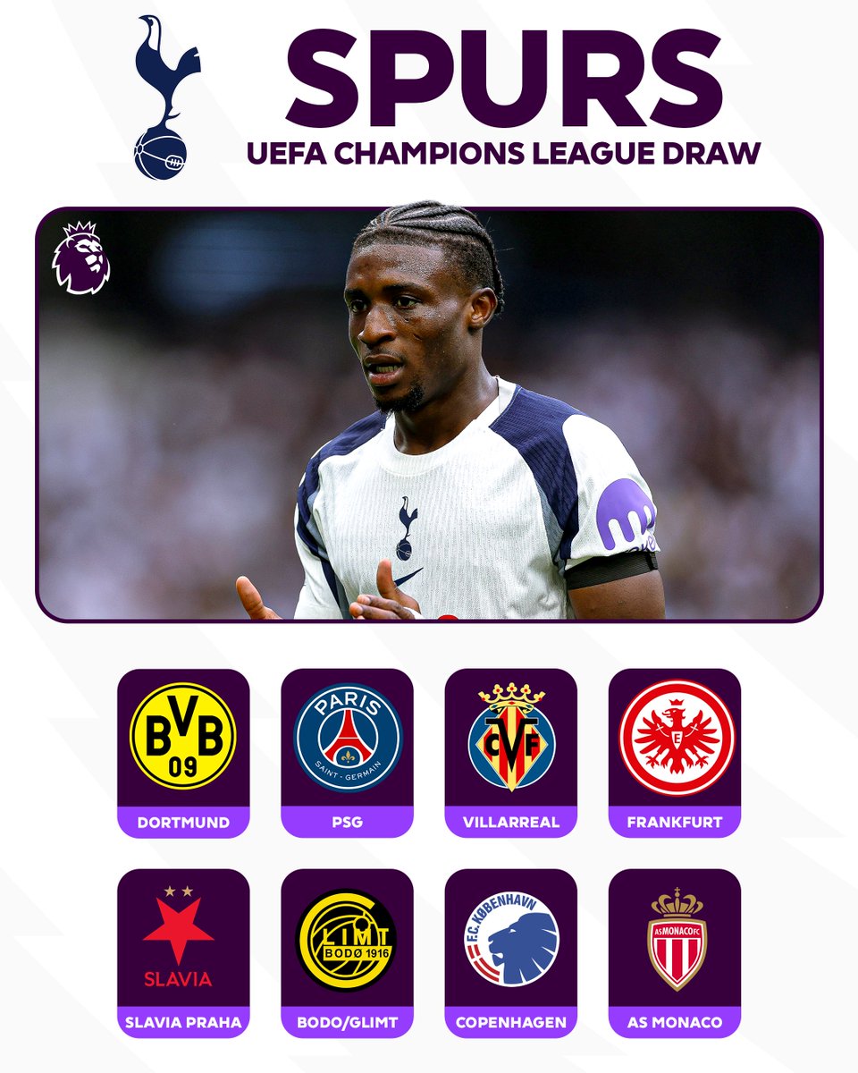 Premier League (@premierleague) on Twitter photo Europa League winners <a href="/SpursOfficial/">Tottenham Hotspur</a> will take on these sides in the league phase of the UEFA Champions League ๐ Europa League winners <a href="/SpursOfficial/">Tottenham Hotspur</a> will take on these sides in the league phase of the UEFA Champions League ๐