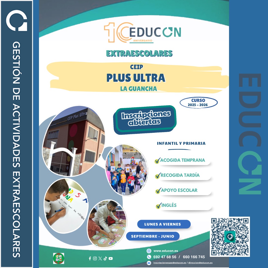 📍 CEIP Plus Ultra – La Guancha
🎉 ¡Este curso en el CEIP Plus Ultra promete grandes momentos para aprender, crecer y disfrutar!
Confía en EDUCON: tu mejor aliado para una educación completa, segura y divertida. 💙
🌐 Inscripciones abiertas en: educon.es/inscripciones