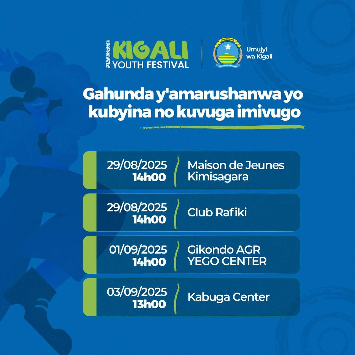 CityofKigali's tweet photo. Ejo ku wa Gatanu muri gahunda y’isangano ry’urubyiruko #KigaliYouthFestival2025, tuzaba dufite amarushanwa yo kubyina no kuvuga imivugo. 

Muzaze twinjire muri wikendi twirebera impano zitangaje z’urubyiruko rwa #KigaliYacu ku bigo by’urubyiruko. 

Dore uko gahunda iteye👇 https://t.co/HVev9WoWTy