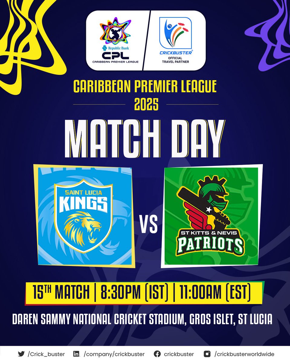 Saint Lucia Kings take on St Kitts &amp; Nevis Patriots in the 15th match of CPL 2025! 🏏
📍 Daren Sammy National Cricket Stadium, Gros Islet, St Lucia
🕗 8:30 PM IST | 11:00 AM EST

#CPL25 #Crickbuster #MatchDay #SLKvSKNP
