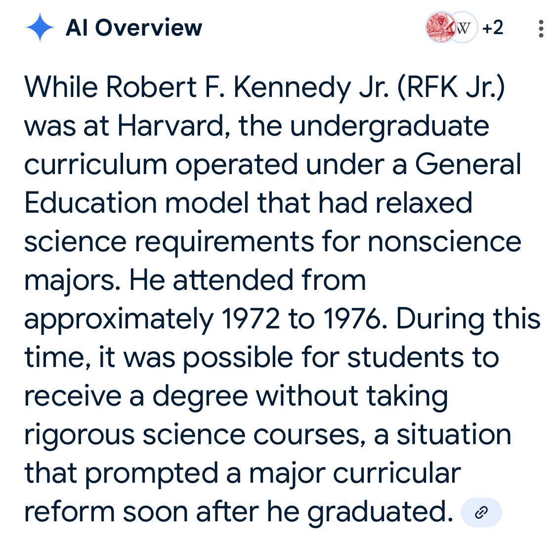 CosmicEvolution's tweet image. This is the AI response to my question on what was the science distribution requirement for non-science majors at Harvard when #RFKjr attended

#sciencecomm #pseudoscience #scienceilliteracy
