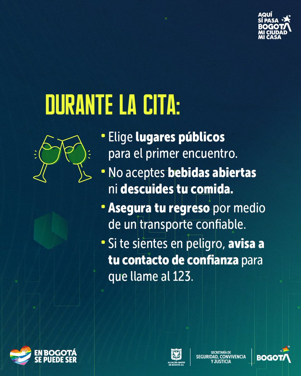 🚨 Si usas apps de citas o redes sociales, ten en cuenta estas recomendaciones para reducir riesgos de violencia, extorsión, robos o abuso.
👉 Cuidarte es la mejor forma de disfrutar con tranquilidad.

#ConvivenciaParaLaVida #EnBogotáSePuedeSer #CitasSeguras