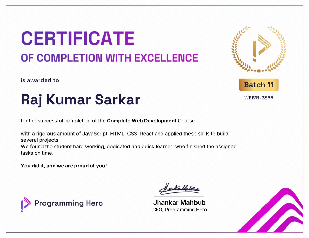 sarkar_raj3460's tweet image. 🎉 Certified Web Developer! Thrilled to have completed the Complete Web Development Course with excellence from
@ProgrammingHero
! 6 months of hard work in JavaScript, React, HTML, CSS → paid off. Grateful to the Almighty. #WebDev #ProgrammingHero #Coding #Certificate