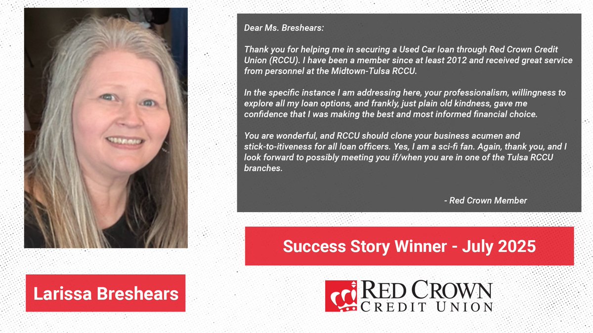 RedCrownCU's tweet image. It makes us proud when our members share Success Stories about our staff, and this one about Larissa truly showcases her dedication to meeting our members’ needs.

We are grateful to have Larissa on the Red Crown team and looking forward to her continued growth in her career.
