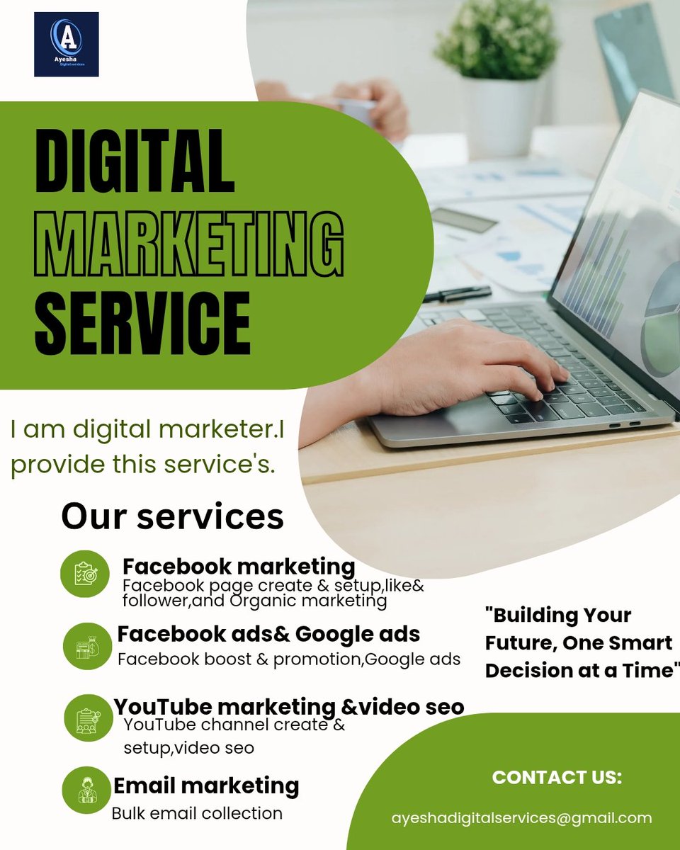 🚀 Grow your business with Digital Marketing Services!
✔️ Facebook Marketing
✔️ Google Ads &amp; Facebook Ads
✔️ YouTube SEO
✔️ Email Marketing

👉 Contact: ayeshadigitalservices@gmail.com

#DigitalMarketing #SocialMediaMarketing #BusinessGrowth #AyeshaDigitalServices