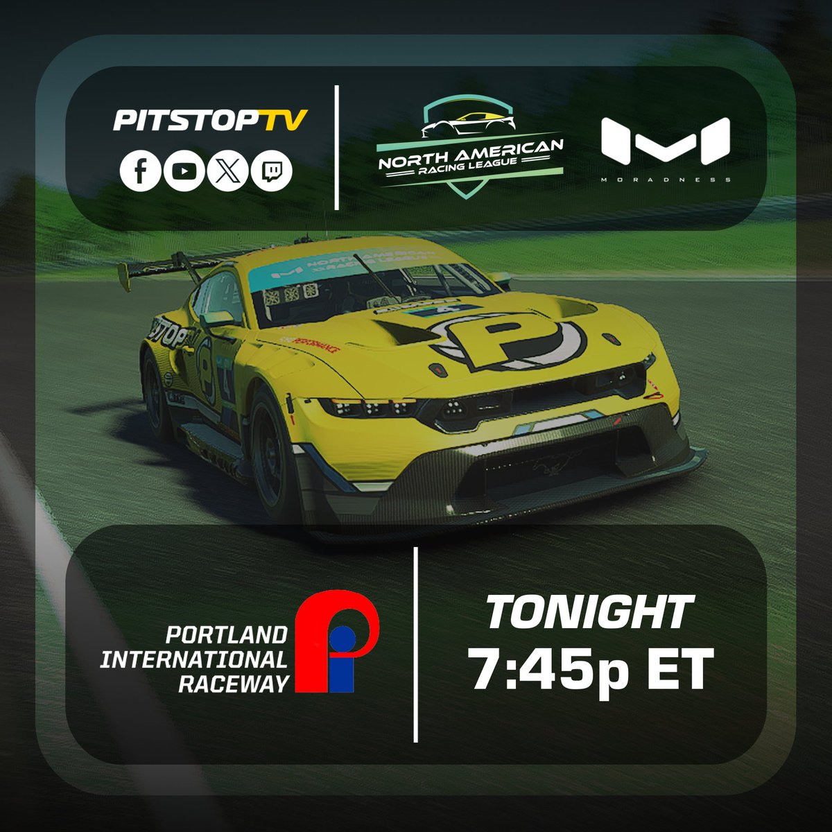 TONIGHT: We're finally able to showcase Portland in NARL GT3 Round 6 tonight! A first for the series as well, this is sure to be a night of unknowns all around!

📍: Portland International Raceway
⏰: 7:45p ET
🔗: youtube.com/watch?v=Nio1MX…

#iRacing | #PitStopTV | #SimRacing