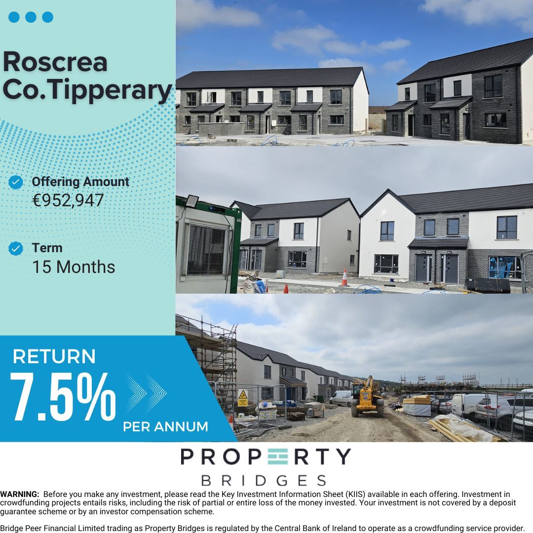 Property Bridges is delighted to present a new development finance opportunity for 15 residential units at Glencarrick, Roscrea. We are raising €𝟵𝟱𝟮,𝟵𝟰𝟳 to fund the final phase of a larger 65-unit site.

𝗦𝗜𝗚𝗡 𝗨𝗣: propertybridges.com
C𝗼𝗻𝘁𝗮𝗰𝘁: (01) 549 4546