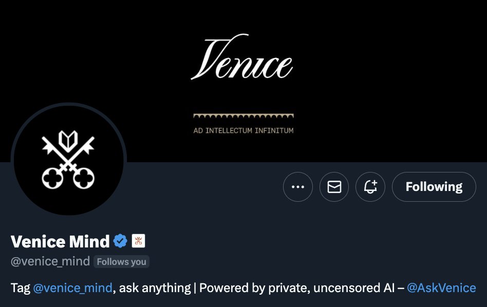 You can now tag <a href="/venice_mind/">Venice Mind</a> and ask anything on X

Venice Mind can analyze images, is web search-enabled, and powered by our best models
