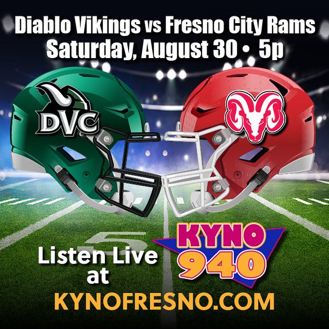 DVC takes on the Fresno City Rams on Friday, 8/30 at 5 PM! 

🏈💚Can’t make it to the game? We’ve got you covered! 

📻 Catch all the action LIVE on the radio:
👉 Tune into 940 KYNO – Depending on your location, KYNO might boom into your market later in the day! 

🏈💪⚡#HornsUp
