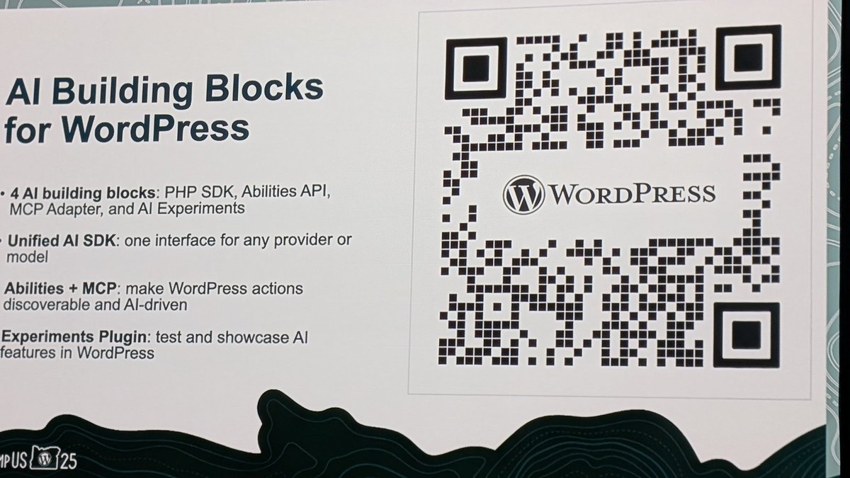 Core AI team on stage at WordCamp US #WCUS <a href="/jameswlepage/">James LePage</a> <a href="/felixarntz/">Felix Arntz</a> <a href="/jeffpaul/">Jeffrey B. Paul</a>  discussing the AI Building Blocks make.wordpress.org/ai/2025/07/17/…