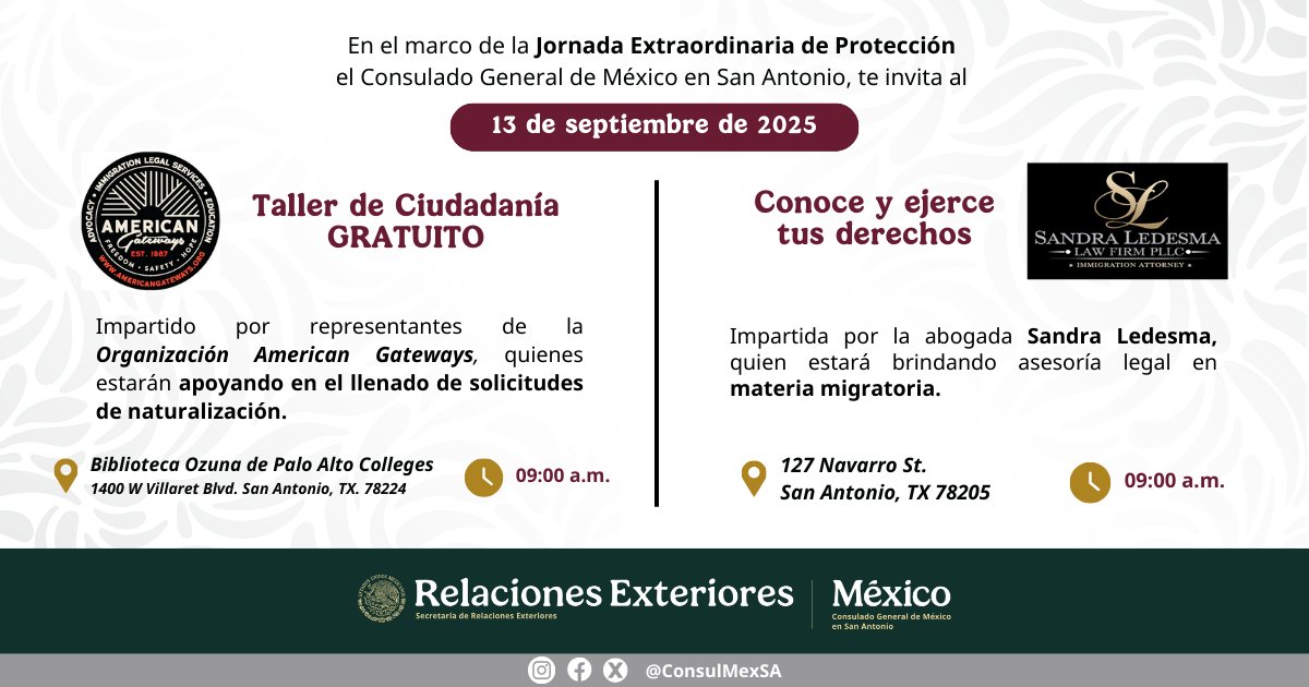 📢 ¡Atención!
El próximo 13 de septiembre, el Departamento de Protección llevará a cabo dos 𝗮𝗰𝘁𝗶𝘃𝗶𝗱𝗮𝗱𝗲𝘀 𝗶𝗺𝗽𝗼𝗿𝘁𝗮𝗻𝘁𝗲𝘀 𝘆 𝘁𝗼𝘁𝗮𝗹𝗺𝗲𝗻𝘁𝗲 𝗴𝗿𝗮𝘁𝘂𝗶𝘁𝗮𝘀.

ℹ️ Consulta todos los detalles en la infografía.

#ProtecciónConsular #ConsuladoATuLado