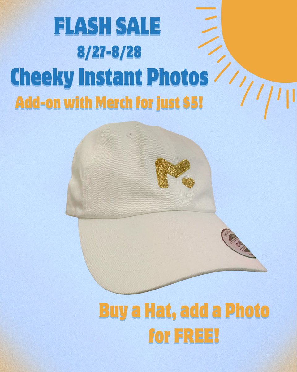 MegTurneyMerch's tweet image. FLASH SALE ✨️ Add a cheeky instant photo for just $5 with your merch order, only for a limited time. For an even sweeter deal, buy a hat and add a photo for FREE! Sale ends 8/28 at 5pm CDT