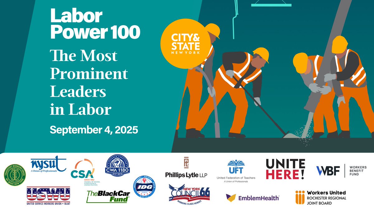CSNY_Events's tweet image. NY’s #labor leaders are gathering on September 4th!

Don’t miss the Labor Power 100 reception — your chance to connect with the voices shaping the #futureofwork in New York.

🎟️ Tickets going fast: events.cityandstate.com/2025-labor-pow…