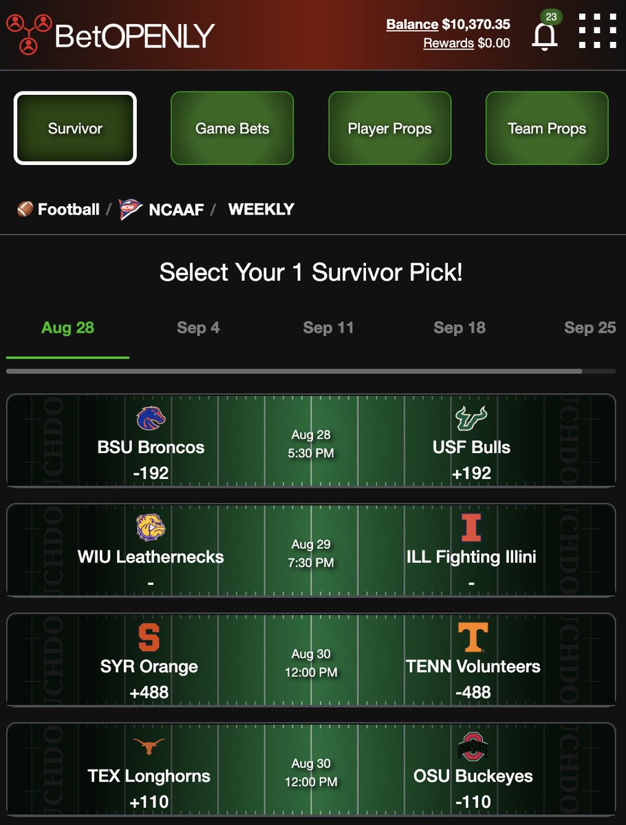 Gino_BetOpenly's tweet image. She is here and live!! LEGGGGGOOOOOOO. @BetOpenly 

Daily ⚾️ Survivor
Weekly 🏈 Survivor

Winner gets 99% of the pot! Math is simple, if 12 people enter for $20, winner takes 99% of $240.

Pick a winner and survive. Period.