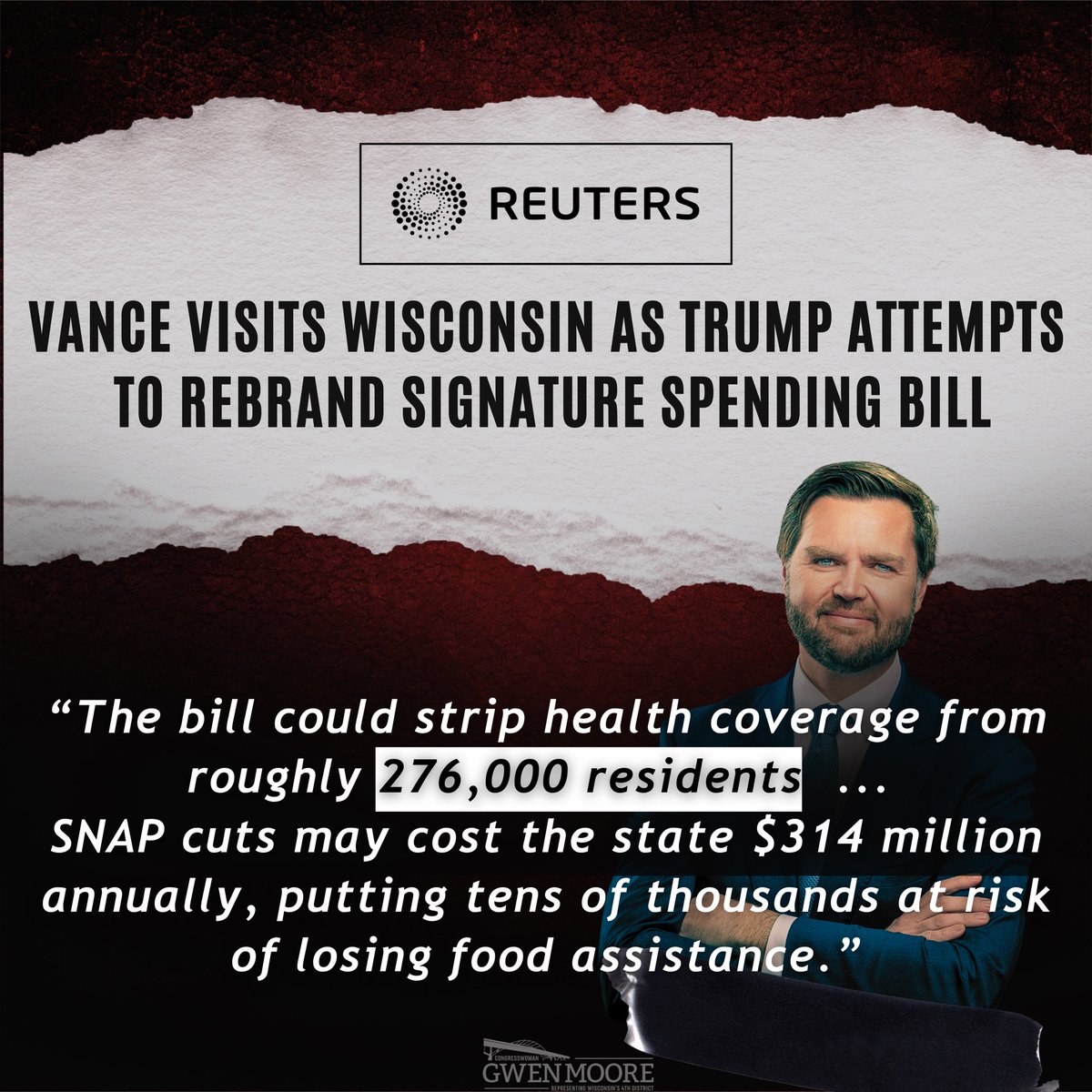 JD can put as much eyeliner on the pig as he wants, but no amount of “rebranding” changes the facts. The GOP bill guts health care for thousands of Wisconsinites and millions of Americans.