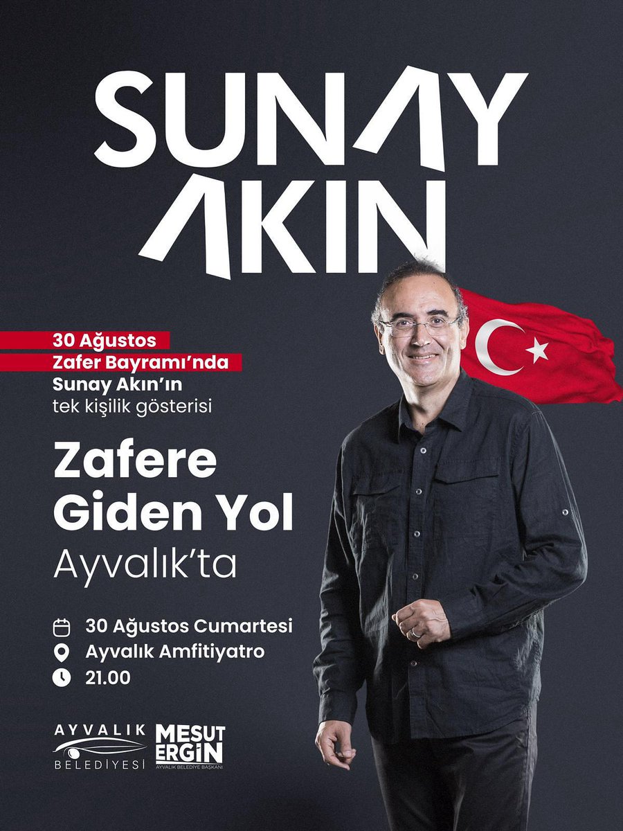30 Ağustos Zafer Bayramını Türkiye'nin en önemli yazar - şair ve hikaye anlatıcılarından olan Sunay Akın ile Ayvalık'ta kutluyoruz. Bu önemli etkinliğe tüm halkımız davetlidir
#ayvalık #30ağustos #30ağustoszaferbayramı #sunayakın #zafer #kurtuluş #sanat #edebiyat #kültür #gösteri