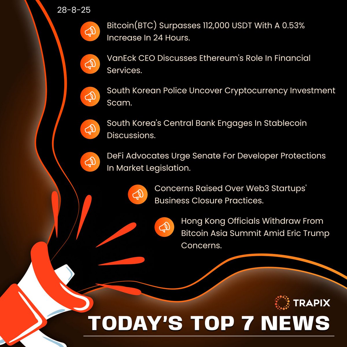 📰 Top 7 Crypto News – Aug 28, 2025 1️⃣ Bitcoin 🚀 breaks $112K with +0.53%  gain. 2️⃣ VanEck CEO backs #Ethereum in financial services. 3️⃣ 🇰🇷 South  Korean police uncover major