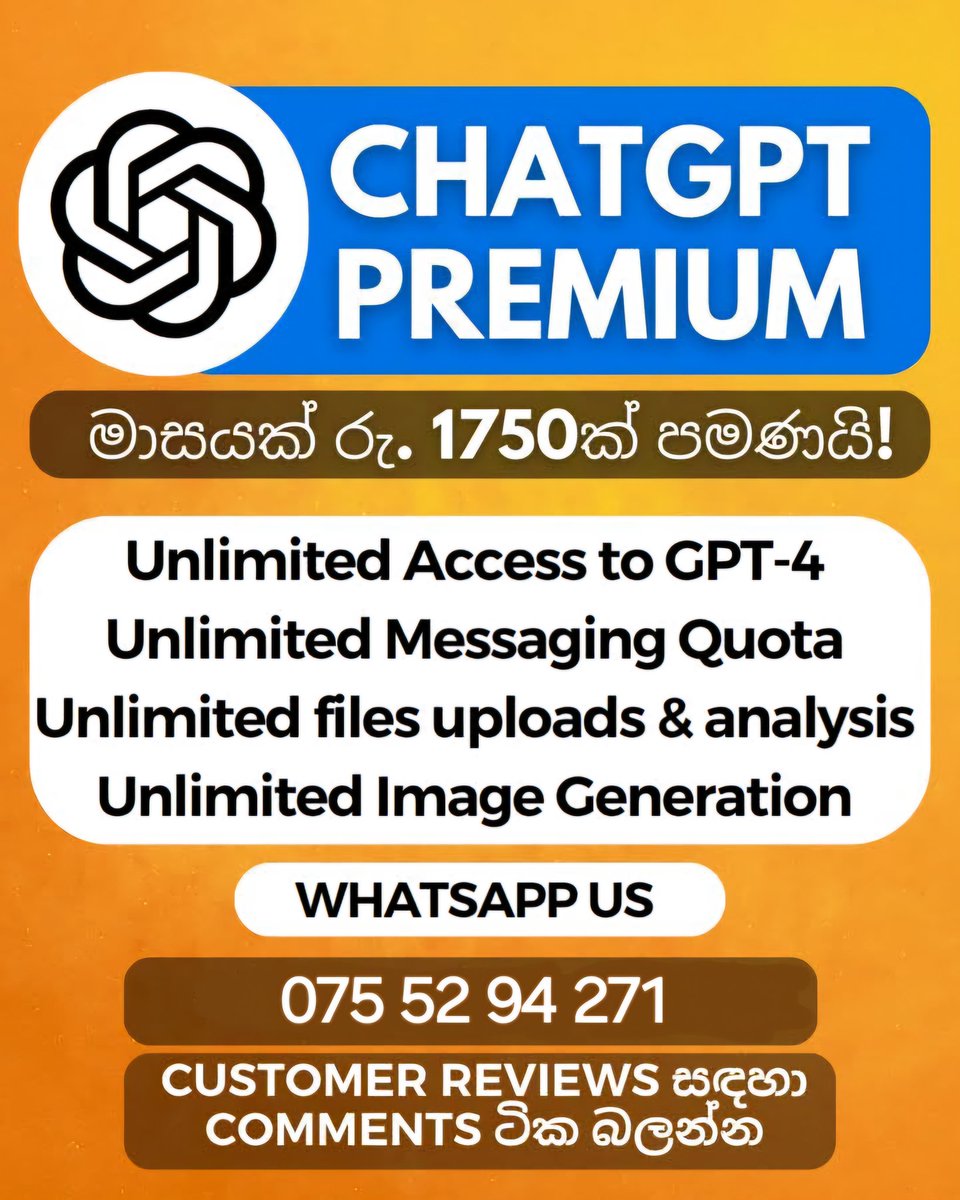 webeyelanka's tweet photo. ✅ 𝗖𝗵𝗮𝘁𝗚𝗣𝗧 $𝟮𝟬 𝗣𝗹𝘂𝘀 රු. 𝟭𝟳𝟱𝟬ක් පමණයි! දැන්ම 𝗪𝗵𝗮𝘁𝘀𝗔𝗽𝗽 කරන්න: +94 77 637 2097
https://t.co/uX6c9U3OtC https://t.co/mKldTgPXow