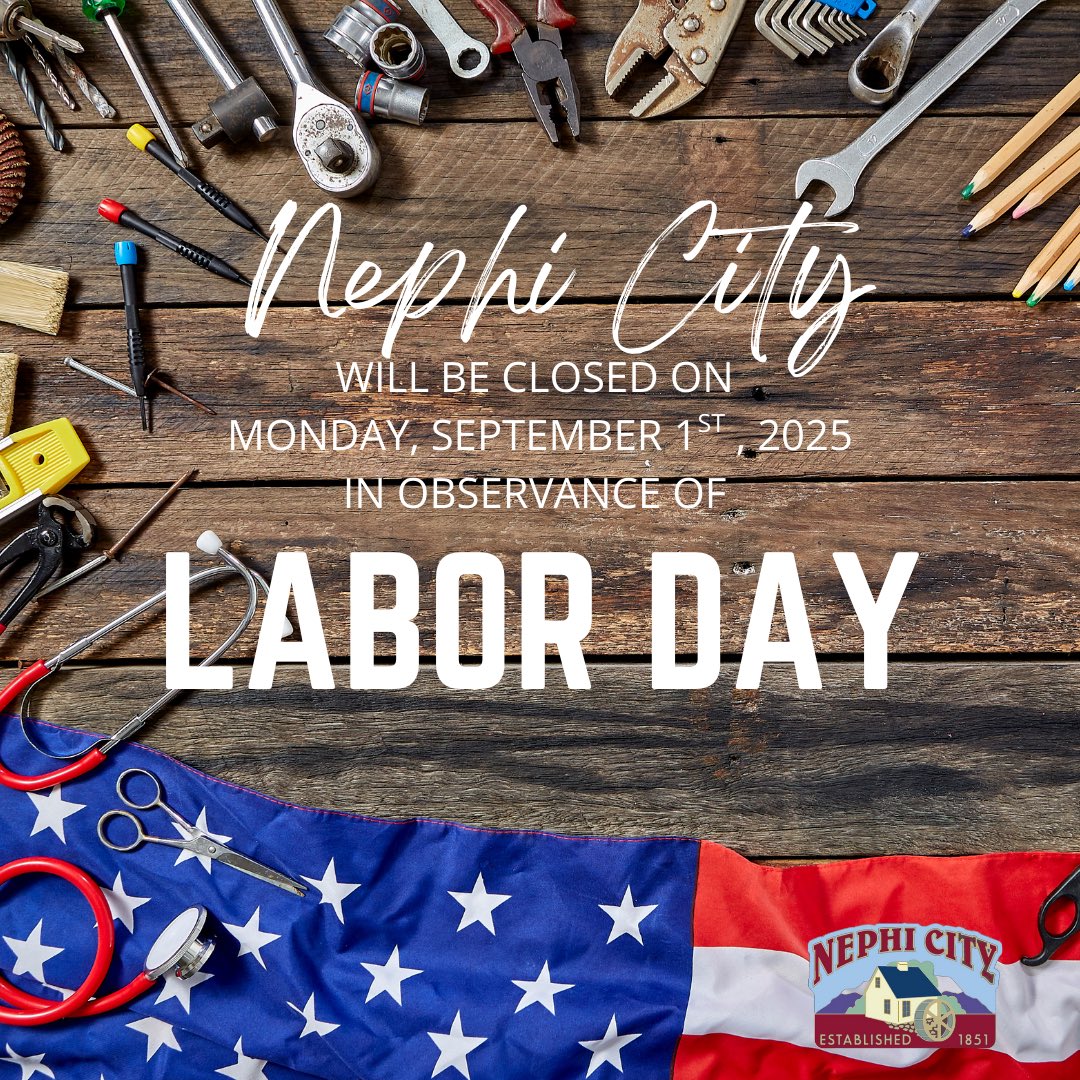 Nephi City (@nephicity) on Twitter photo Nephi City Offices will be closed Monday, September 1st, 2025 in observance of Labor Day. 
Additionally, trash pick-up will be adjusted city wide. Please note that collection will occurred one day later than your normal trash collection day. For reference please see image below. Nephi City Offices will be closed Monday, September 1st, 2025 in observance of Labor Day. 
Additionally, trash pick-up will be adjusted city wide. Please note that collection will occurred one day later than your normal trash collection day. For reference please see image below.